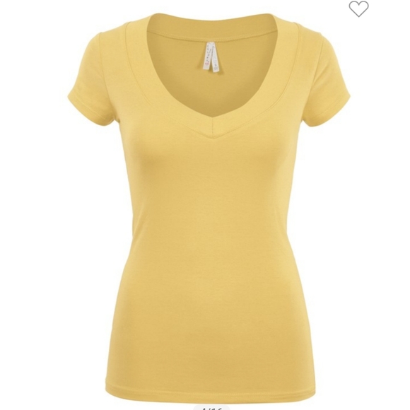 Yellow deep vneck short sleeve basic solid top - Picture 2 of 2